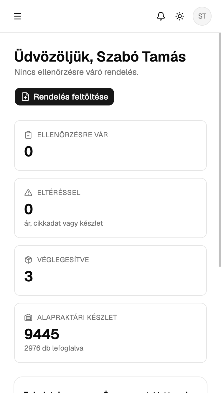 Az aktuális állapot egy képernyőn: mi vár ellenőrzésre, hol van eltérés, mennyi a szabad készlet.