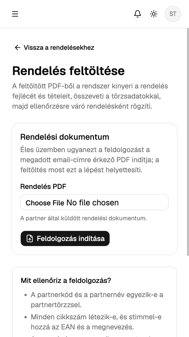 A partner PDF-jéből a rendszer kiolvassa a tételeket, összeveti a törzsadatokkal, és jelzi, hol tér el.