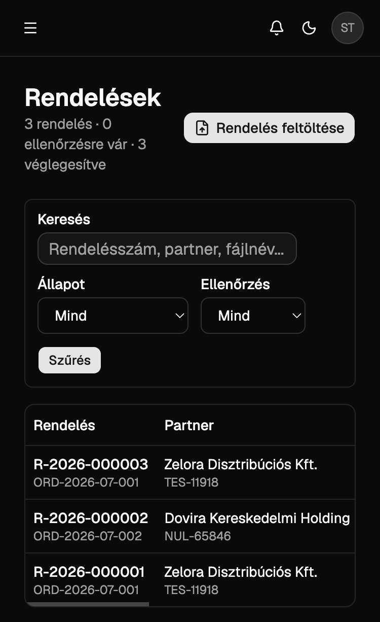 Beérkezett rendelések egy listában, kereséssel és szűréssel — az eltéréses tételek külön jelölve.