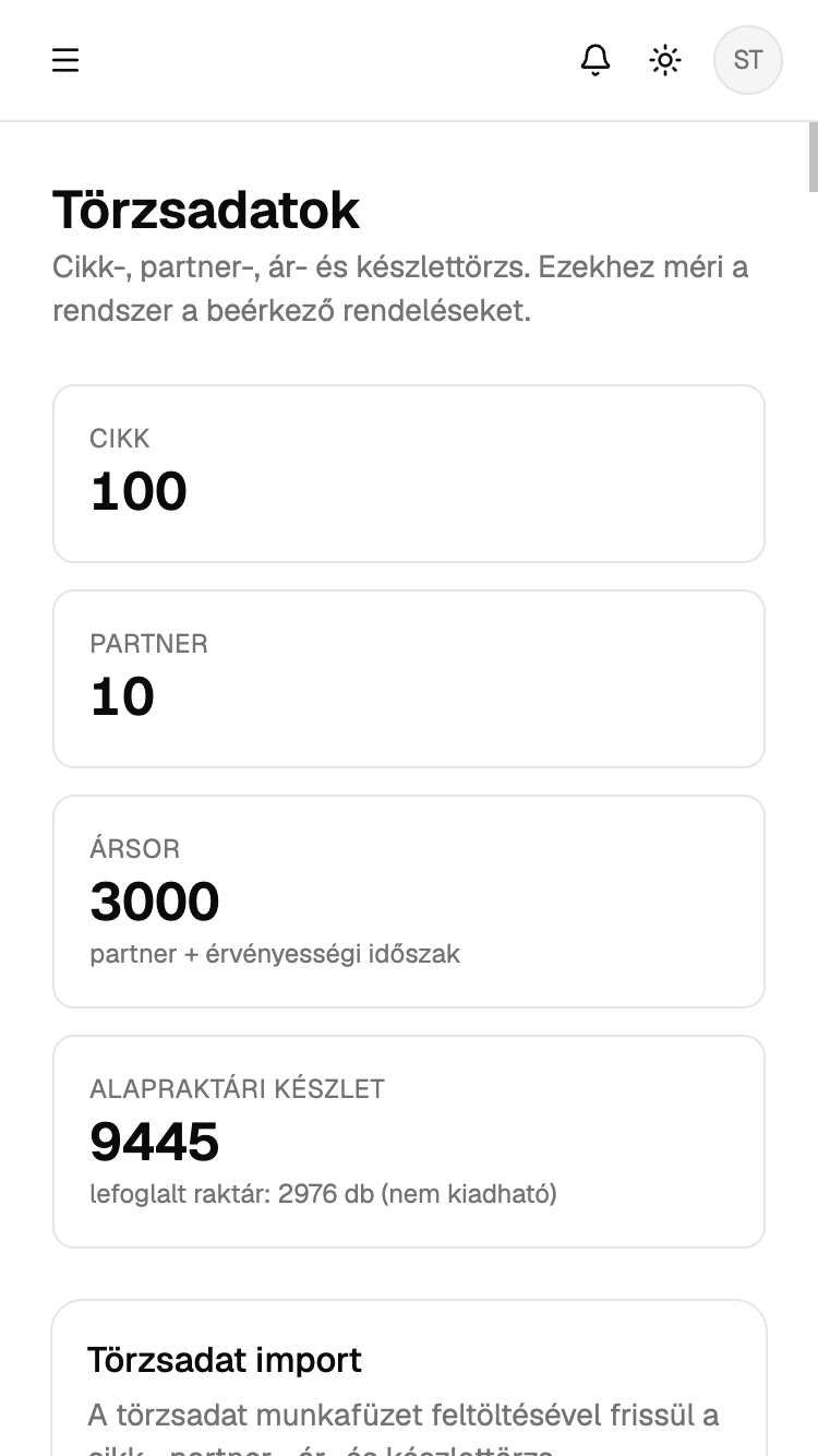 Cikk-, partner-, ár- és készlettörzs egy helyen. Az Excel munkafüzet feltöltésével frissül — nem kézzel.